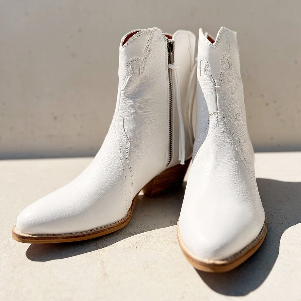 NEW Pointy Toe Stack Block Heel Zip Up Western Ankle Booties Boots Off White - Picture 14 of 16